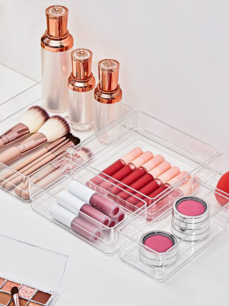 SMARTAKE 16-Piece Drawer Organizer with Non-Slip Silicone Pads, 5-Size Desk Storage Tray for Makeup, Jewelries, Utensils in Bedroom Dresser, Office and Kitchen, Clear - Image 3